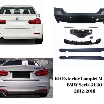 Imagine comparativă a părții din spate a unui BMW F30 înainte și după montarea kitului exterior M-Tech – diferențiere clară între bara spate standard și cea sport cu difuzor pentru evacuare dublă.