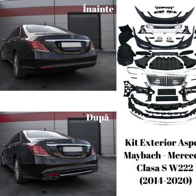 Colaj înainte și după montaj kit tuning Maybach pe spatele unui Mercedes S-Class W222, rezultat vizual real.