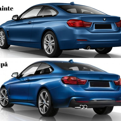 Comparație vizuală înainte și după upgrade bară spate M-Tech pe BMW Seria 4 F32, aspect sportiv modernizat