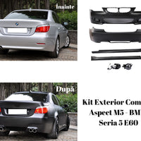 Kit tuning exterior M5 pentru BMW E60, cu bară față/spate, praguri laterale și proiectoare ceață – compatibil 2003–2010.
