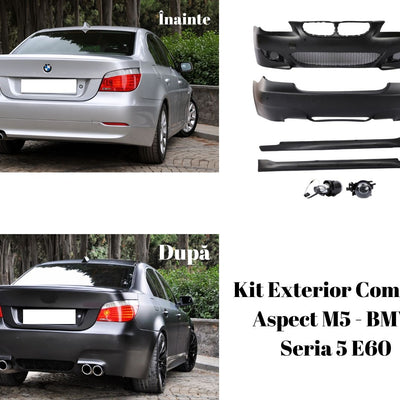 Comparativ înainte/după: BMW Seria 5 E60 echipat cu kit exterior complet M5 look – modificare estetică profesională.