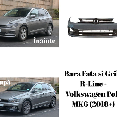 Comparație înainte și după montaj bară față R-Line pe Volkswagen Polo MK6 gri, upgrade exterior tuning sportiv