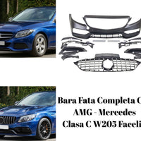 Imagine completă cu toate componentele kitului C63 AMG pentru Mercedes W205 Facelift, inclusiv bara, grila și suporturile.