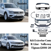 Kit exterior R-Line pentru Volkswagen Tiguan 2016–2021, conține toate piesele: bare, grilă, difuzor, ornamente, suporturi și prinderi.