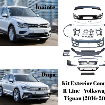 Comparație față între versiunea standard Tiguan și modelul cu kit exterior R-Line instalat – design modern și agresiv.