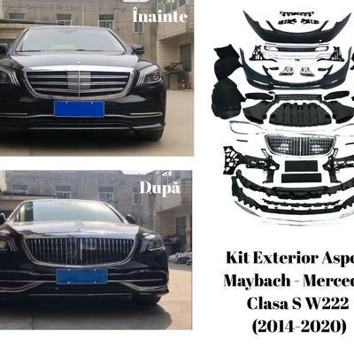 Transformare frontală Mercedes Clasa S W222 cu kit tuning Maybach – imagine comparativă înainte și după instalare.