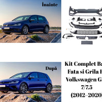 Imagine cu kit complet bară față și grilă R Design pentru Volkswagen Golf 7 și 7.5 (2012–2020), piesele fiind prezentate separat, incluzând bara față, grilele centrale și laterale, suporturi și accesorii, fabricate din polipropilenă rezistentă.