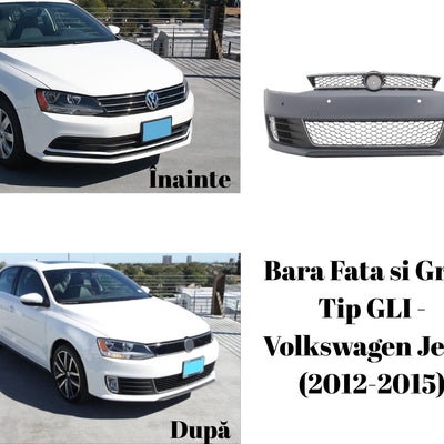 Comparație între aspectul original și look-ul sportiv GLI pe VW Jetta 2012–2015, cu bară față inclusă