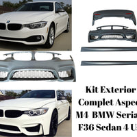 Piese individuale ale kitului exterior M4 Design pentru BMW F36 Gran Coupe – bară față, bară spate, praguri laterale