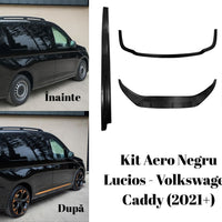 Set complet Kit Aero Negru Lucios Volkswagen Caddy 2021+, compus din prelungire bară față, praguri laterale și difuzor spate