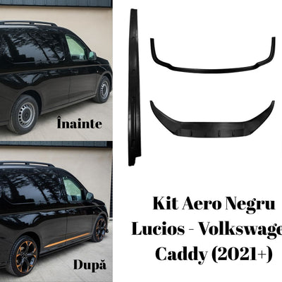 Volkswagen Caddy negru 2021+ cu și fără Kit Aero Negru Lucios – modificare estetică vizibilă după montaj