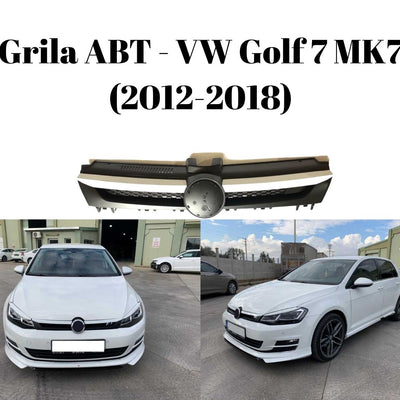 VW Golf 7 alb, vedere frontală, dotat cu grilă ABT aftermarket sport, fundal exterior cu clădiri industriale.