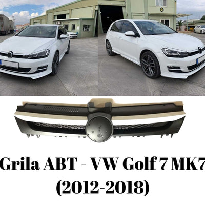 VW Golf 7 MK7 alb, echipat cu grilă frontală ABT din ABS negru lucios, fotografiat din unghi lateral-față, în parcare.