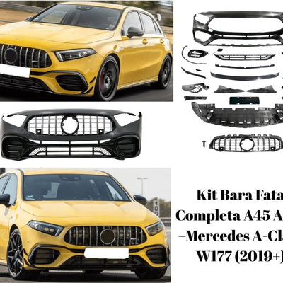 Fotografie detaliată cu bară față A45 AMG completă, frontal, potrivită pentru Mercedes A-Class W177 2019+, cu grilă verticală și design sportiv agresiv.