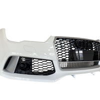 Bară față vopsită alb, design RS7 cu grilă fagure neagră și accente cromate, compatibilă cu Audi A7 4G8 Facelift 2015–2017