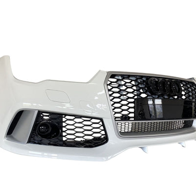 Bară față RS7 Look albă, vedere din unghi lateral stânga, cu grilă centrală și decupaje pentru senzori de parcare Audi A7 4G8