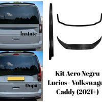 Set complet Kit Aero Negru Lucios Volkswagen Caddy 2021+, compus din prelungire bară față, praguri laterale și difuzor spate