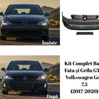 Vedere frontală a barei față GTI aftermarket din ABS cu grilă centrală tip fagure și detaliu roșu, compatibilă cu Volkswagen Golf 7.5 (2017–2020).