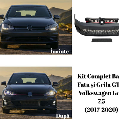 Colaj comparativ cu Volkswagen Golf 7.5 (2017–2020) înainte și după instalarea kitului complet bară față și grilă GTI, vedere frontală.
