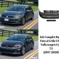 Vedere frontală a barei față GTI aftermarket din ABS cu grilă centrală tip fagure și detaliu roșu, compatibilă cu Volkswagen Golf 7.5 (2017–2020).