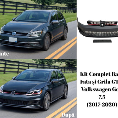 Imagine comparativă în mers cu Volkswagen Golf 7.5 (2017–2020) înainte și după instalarea barei față GTI și a grilei cu inserție roșie, unghi lateral.