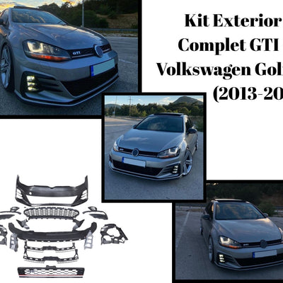Volkswagen Golf 7 (2013-2017) după montarea kitului exterior complet GTI, vedere frontală și laterală, evidențiind bara față, grila și elementele sport.