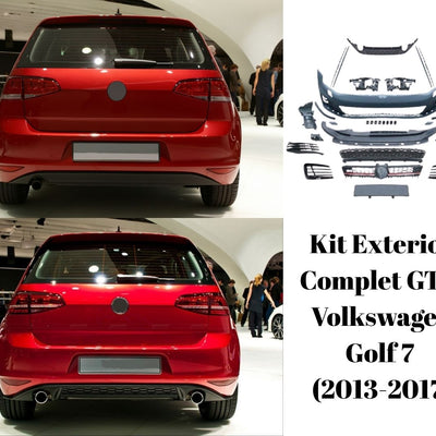 Imagine comparativă a părții din spate a unui Volkswagen Golf 7 (2013-2017), varianta standard versus varianta echipată cu kit exterior complet GTI, incluzând difuzor sport și evacuări duble cromate.