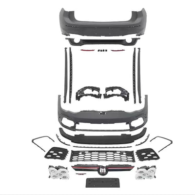 Imagine frontală și din spate cu Volkswagen Golf 8 echipat cu bara față GTI, bara spate sportivă, difuzor, grile și ornamente evacuare din kitul complet GTI.
