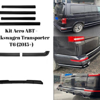 Toate elementele kitului Aero ABT pentru Volkswagen T6 prezentate separat: difuzor, splitter, spoiler, praguri – finisaj negru.