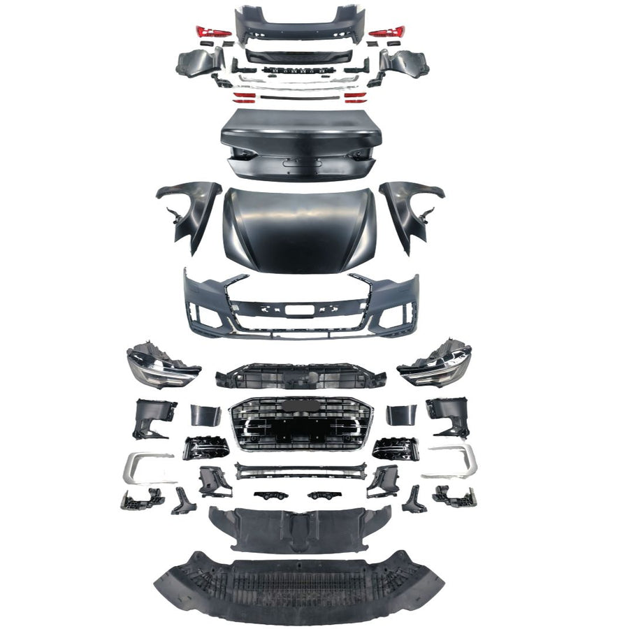 Kit conversie exterior complet Mercedes Clasa S W221 către S450 W222 – include bară față, spate, capotă, aripi, grilă, faruri, stopuri, ornamente