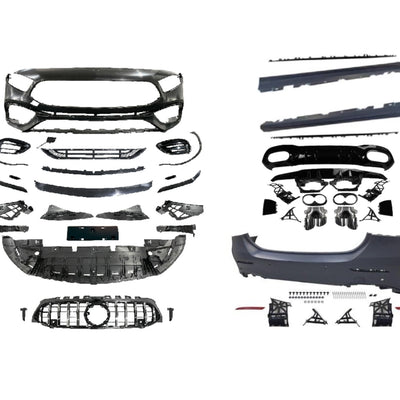 Kit caroserie complet A45 AMG compatibil Mercedes A-Class V177 Sedan (2018+), pachet tuning cu bară față, bară spate, praguri și grilă frontală.