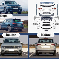 Pachet complet upgrade estetic Volkswagen Tiguan 2016-2020, conversie facelift R-Line cu bare, grile, faruri, stopuri, aripi și ornamente.