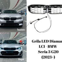 Grilă LED Diamant LCI pentru BMW Seria 3 G20 (2023+), finisaj negru lucios, design tip fagure, set complet cu cabluri de conectare vizibile pe fundal alb.