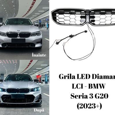 Colaj comparativ cu BMW Seria 3 G20 (2023+), vedere frontală, înainte cu grilă standard și după montaj cu grilă LED Diamant negru lucios, design tip fagure.