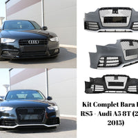 Colaj cu bară față RS5 pentru Audi A5 8T, prezentată din mai multe unghiuri, cu vedere frontală, laterală și interior