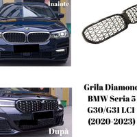 Grilă frontală Diamond pentru BMW Seria 5 G30/G31 LCI (2020–2023), cu design tip diamant negru lucios, realizată din ABS rezistent, pentru un look elegant și agresiv.