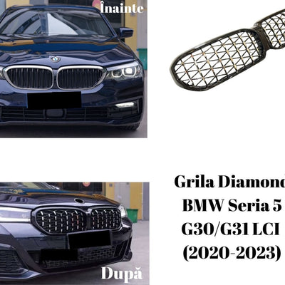 Colaj comparativ înainte și după montarea grilei Diamond pe BMW Seria 5 G30/G31 LCI (2020–2023), evidențiind diferența estetică adusă de designul tip diamant cu inserții cromate.