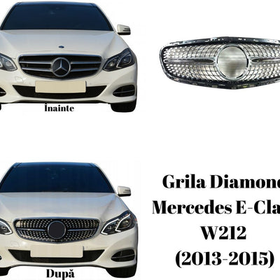 Comparativ înainte și după montaj cu grila Diamond Look pe Mercedes-Benz E-Class W212 Facelift 2013–2015, vedere frontală completă.