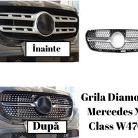 Grilă Diamond aftermarket pentru Mercedes X-Class W470, vedere frontală, design crom-negru cu inserții tip diamant, material ABS rezistent.