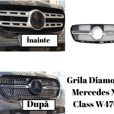 Comparație vizuală înainte și după montarea grilei Diamond pe Mercedes X-Class W470, arătând diferența dintre grila originală și cea aftermarket.