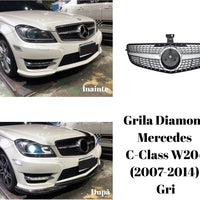 Grilă Diamond gri crom Mercedes C-Class W204 (2007–2014), design sportiv și elegant, material ABS de calitate, vedere frontală completă.