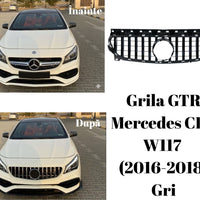 Grilă sport GTR gri pentru Mercedes CLA W117 2016–2018, unghi frontal, design cu bare verticale, finisaj premium ABS.