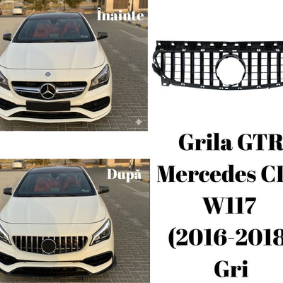 Comparație montaj grilă GTR gri Mercedes CLA W117 2016–2018 pe caroserie albă, aspect înainte și după instalare.