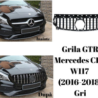 Grilă sport GTR gri pentru Mercedes CLA W117 2016–2018, unghi frontal, design cu bare verticale, finisaj premium ABS.