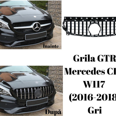Montaj grilă GTR gri Mercedes CLA W117 2016–2018 pe mașină neagră, comparație vizuală înainte și după instalare.