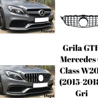 Grilă GTR gri crom pentru Mercedes C-Class W205 (2015–2018), vedere frontală, design sportiv și elegant, material ABS premium.