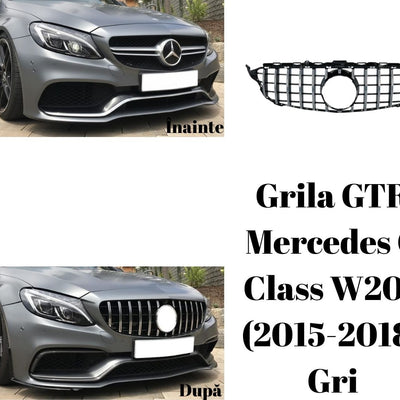Comparativ înainte și după montaj grilă GTR gri crom pe Mercedes C-Class W205 (2015–2018), evidențiind designul sportiv și premium..