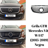 Grilă GTR neagră pentru Mercedes Vito W447 (2015-2019), prezentată împreună cu rama superioară, material ABS rezistent, vedere frontală pe fundal alb.