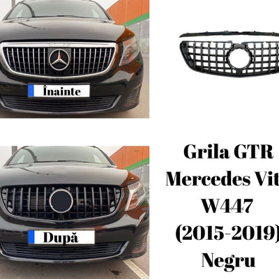 Colaj comparativ înainte și după montaj grilă GTR neagră pe Mercedes Vito W447 (2015-2019), prezentare vizuală a transformării frontale.