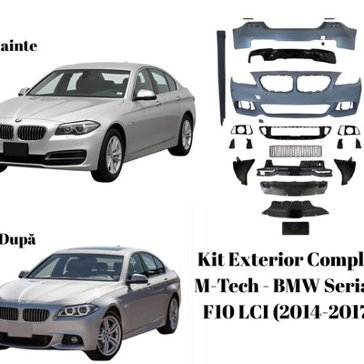 Comparație înainte și după instalarea kitului exterior M-Tech pe BMW F10 LCI (2014–2017), cu elemente de caroserie sport montate.